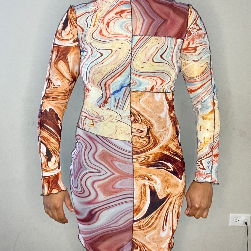 SHEIN Long Sleeve Mesh Marble Print Dress